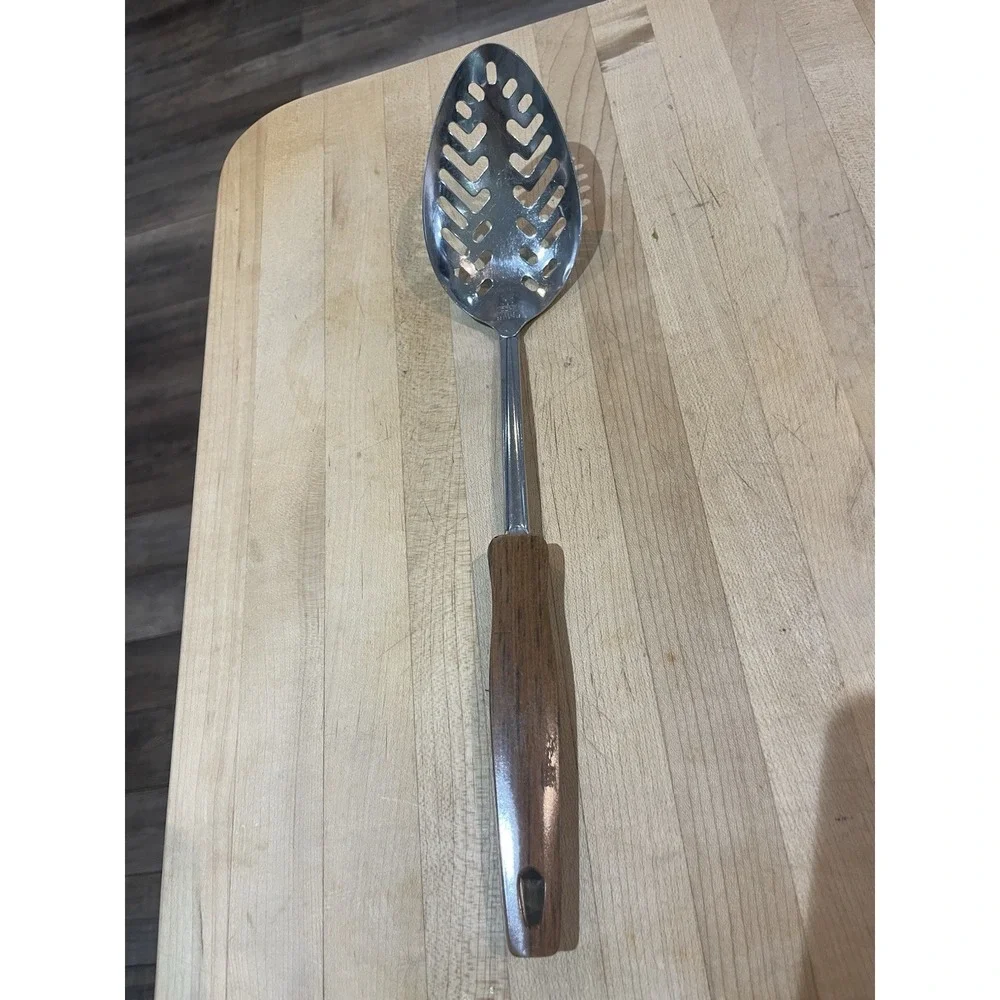 Vintage Ekco Slotted Spoon Serving Spoon Faux Wood Grain Handle
